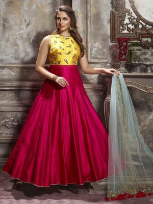 Multicolor Thau Silk & Malbari Silk Heavy Hand Work Gown