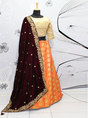 Orange Color Jacquard 2 Ton Silk Sequence Embroidered Work Lehenga Choli With Dupatta
