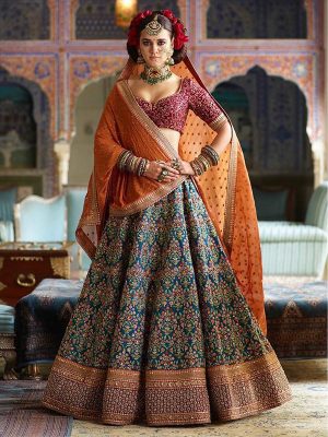 Deep Ocean Blue Color Banarasi Silk Embroidered Work Lehenga Choli With Dupatta