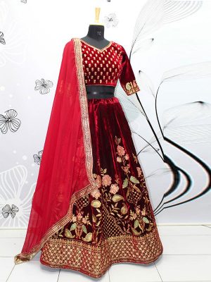 Maroon Color Velvet Heavy Embroidered Work Lehenga Choli With Dupatta