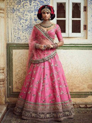 2 Ton Rouge Pink Color Banarasi Silk Heavy Embroidered Work Lehenga Choli With Dupatta