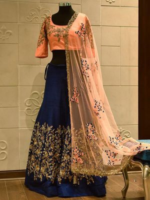 Navy Blue Color Phantom Silk Thread & Zari & Sequance Embroidered Lehenga Choli With Dupatta