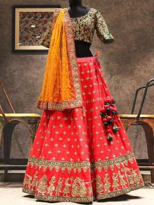 Cherry Red Color Phantom Silk Thread & Zari & Embroidered Lehenga Choli With Dupatta