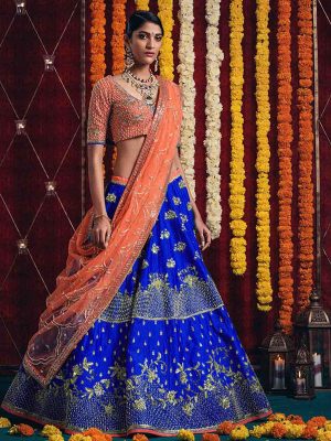 Dark Blue Color Bright Banarasi Heavy Embroidery Lehenga Choli With Dupatta