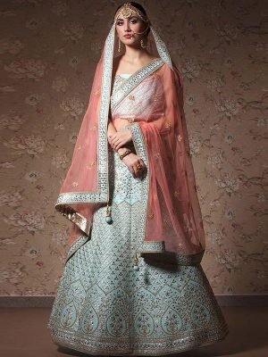 Sky Blue Color Bridal Mulberry Heavy Embroidery Lehenga Choli With Dupatta