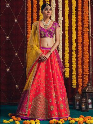 Orange Color Bright Banarasi Heavy Embroidery Lehenga Choli With Dupatta