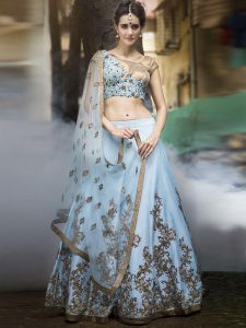 Sky Blue Color Bridal Mulberry Heavy Embroidery Lehenga Choli With Dupatta