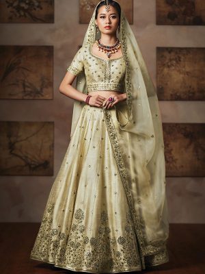 Bride Cream Color Chennai Silk Heavy Embroidery Lehenga Choli With Dupatta
