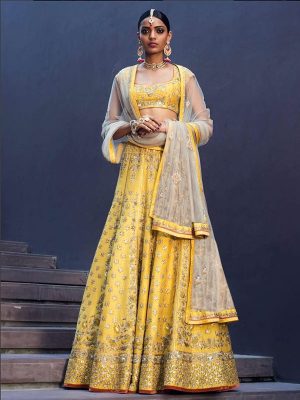 Bride Yellow Color Bright Banarasi Heavy Embroidery Lehenga Choli With Dupatta