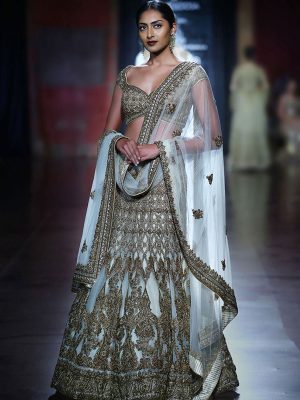Bride Sky Blue Color Mulberry Heavy Embroidery Lehenga Choli With Dupatta