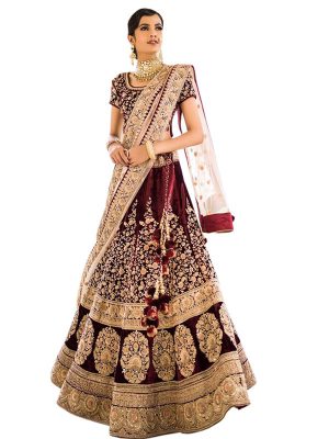 Maroon Color Wedding Wear Heavy Bridal Indian 2 Ton Velvet Embroidery Lehenga Choli With Dupatta