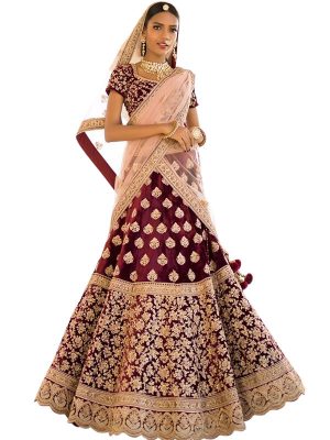 Ruby Rose Color Wedding Wear Heavy Bridal Indian 2 Ton Velvet Embroidery Lehenga Choli With Dupatta