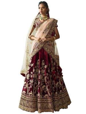 Rose Wood Color Wedding Wear Heavy Bridal Indian 2 Ton Velvet Embroidery Lehenga Choli With Dupatta
