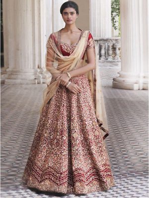 Ruby Wine Color Wedding Wear Heavy Bridal Malbari Silk Embroidery Lehenga Choli With Dupatta