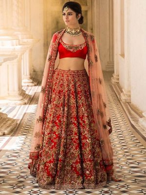 Bridal Red. Color Wedding Wear Heavy Bridal Nura Silk Embroidery Lehenga Choli With Dupatta