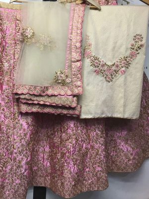 Brid Pink Color Wedding Wear Heavy Bridal Malai Satin Embroidery Lehenga Choli With Dupatta