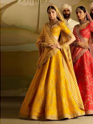 Mango Color Wedding Wear Heavy Bridal Phantom Silk Embroidery Lehenga Choli With Dupatta