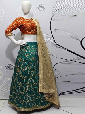 Teal Green Color Wedding Wear Heavy Bridal Phantom Silk Embroidery Lehenga Choli With Dupatta