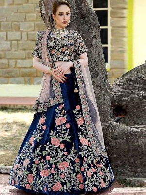 Navy Blue Color Wedding Wear Heavy Bridal Velvet Embroidery Lehenga Choli With Dupatta