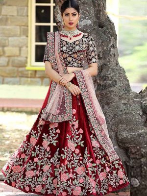 Maroon Color Wedding Wear Heavy Bridal Velvet Embroidery Lehenga Choli With Dupatta