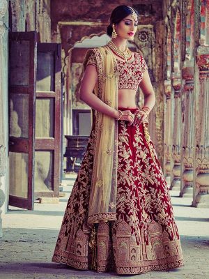 Maroon Color Wedding Wear Heavy Bridal Velvet Embroidery Lehenga Choli With Dupatta
