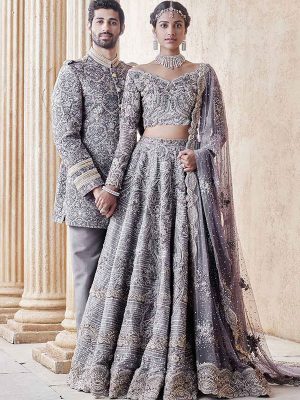 Grey Color Wedding Wear Heavy Bridal Malai Satin Embroidery Lehenga Choli With Dupatta