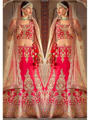 Camailla Rose Color Wedding Wear Heavy Bridal Rubi Silk Embroidery Lehenga Choli With Dupatta