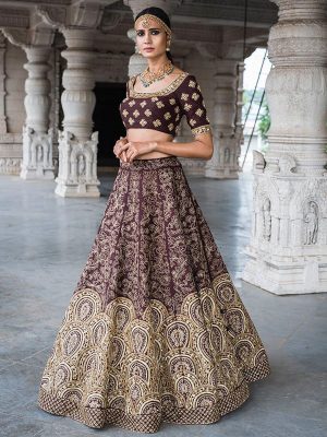 Wine Purple Color Wedding Wear Heavy Bridal Rubi Silk Embroidery Lehenga Choli With Dupatta