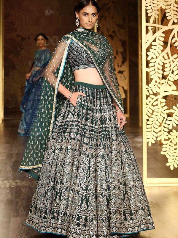 Deep Green Color Wedding Wear Heavy Bridal Galaxy Malai Satin