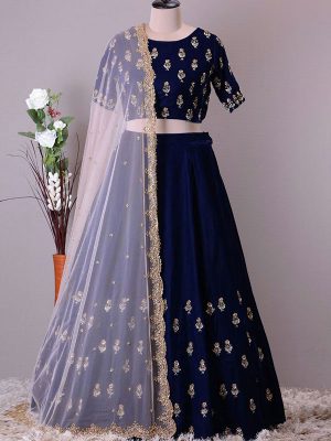 Navy Blue Color Wedding Wear Heavy Bridal Bride Mulbarry Embroidery Lehenga Choli With Dupatta