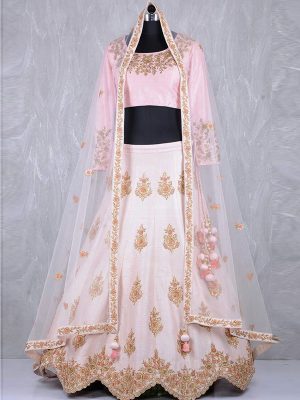Ice Pink Color Wedding Wear Heavy Bridal Malai Satin Embroidery Lehenga Choli With Dupatta