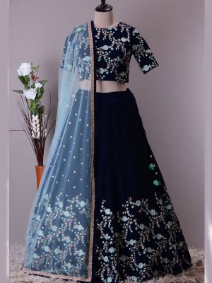 Navy Blue Color Wedding Wear Heavy Bridal Malbari Silk Embroidery Lehenga Choli With Dupatta