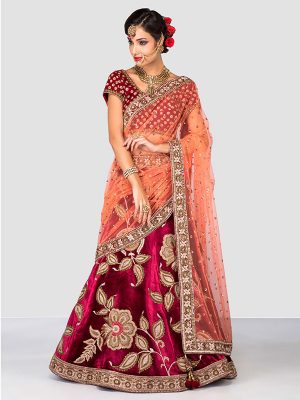 Cherry Red Color Wedding Wear Heavy Bridal Velvet Embroidery Lehenga Choli With Dupatta