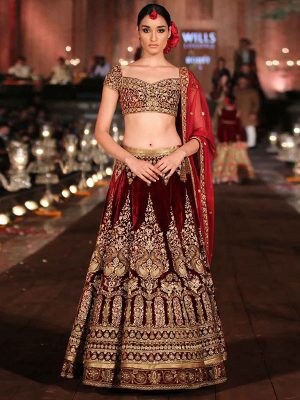 Garnet Maroon Color Wedding Wear Heavy Bridal Velvet Embroidery Lehenga Choli With Dupatta