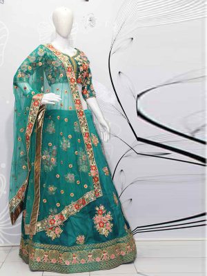 Teal Green Color Wedding Wear Heavy Bridal Phantom Silk Embroidery Lehenga Choli With Dupatta