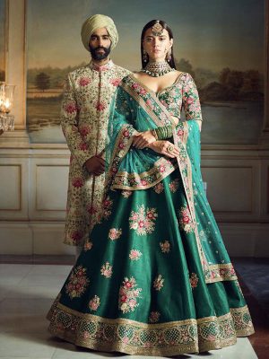 Teal Green Color Wedding Wear Heavy Bridal Phantom Silk Embroidery Lehenga Choli With Dupatta