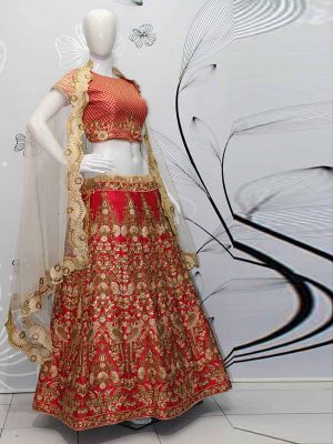 Cherry Red Color Wedding Wear Heavy Bridal Malai Satin Embroidery Lehenga Choli With Dupatta