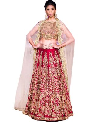 Cherry Red Color Wedding Wear Heavy Bridal Malai Satin Embroidery Lehenga Choli With Dupatta