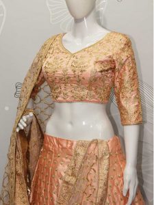 Rose Peach Color Wedding Wear Heavy Bridal Malai Satin Embroidery Lehenga Choli With Dupatta