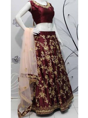 Wine Color Malai Satin Embroidery Lehenga Choli With Dupatta