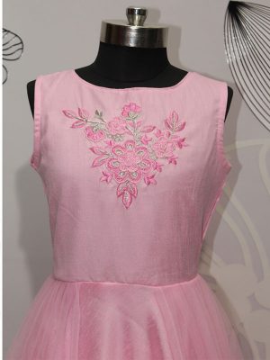 Baby Pink Color Net & Thai Silk Hand Work & Ribbin Embroidered Gown