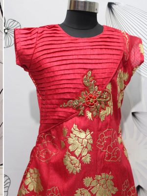 Cherry Red Color Thai Silk Hand Work Gown