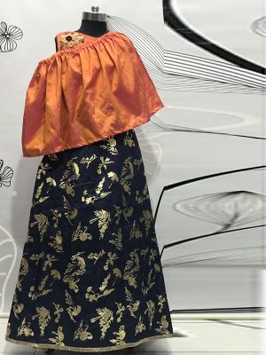 Orange & Navy Color Silk Hand Work Gown