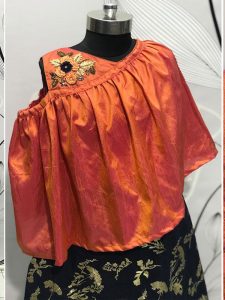 Orange & Navy Color Silk Hand Work Gown
