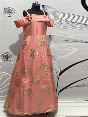 Salmon Pink Color Thai Silk Hand Work Gown
