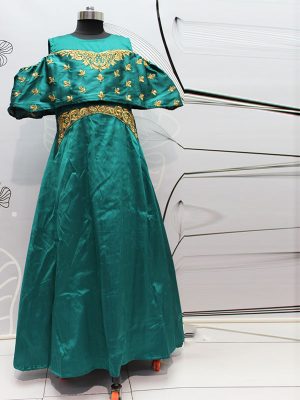 Teal Green Color Nylon Satin Silk Hand Work & Embroidery Gown
