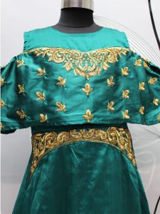 Teal Green Color Nylon Satin Silk Hand Work & Embroidery Gown