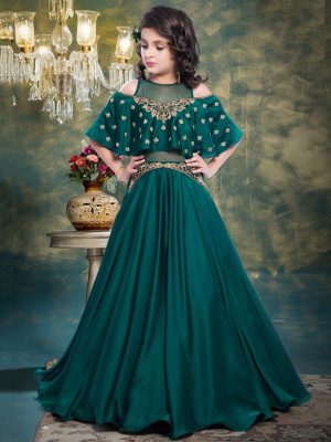 Teal Green Color Nylon Satin Silk Hand Work & Embroidery Gown