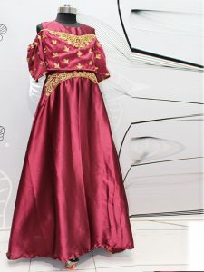 Wine Color Nylon Satin Silk Hand Work & Embroidery Gown