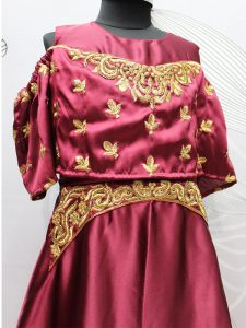 Wine Color Nylon Satin Silk Hand Work & Embroidery Gown